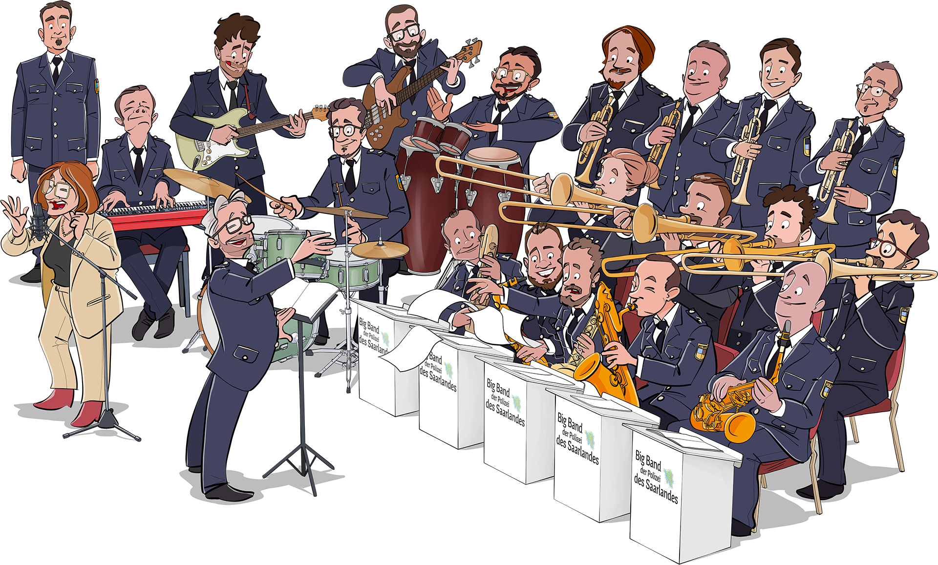 Big Band der Polizei des Saarlandes als illustrierter Cartoon